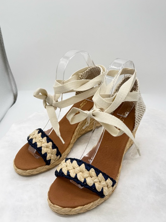 Andre Assoue Shoes - New Braided Espadrille Platform Wedges with Ankle Tie - Cream & Navy